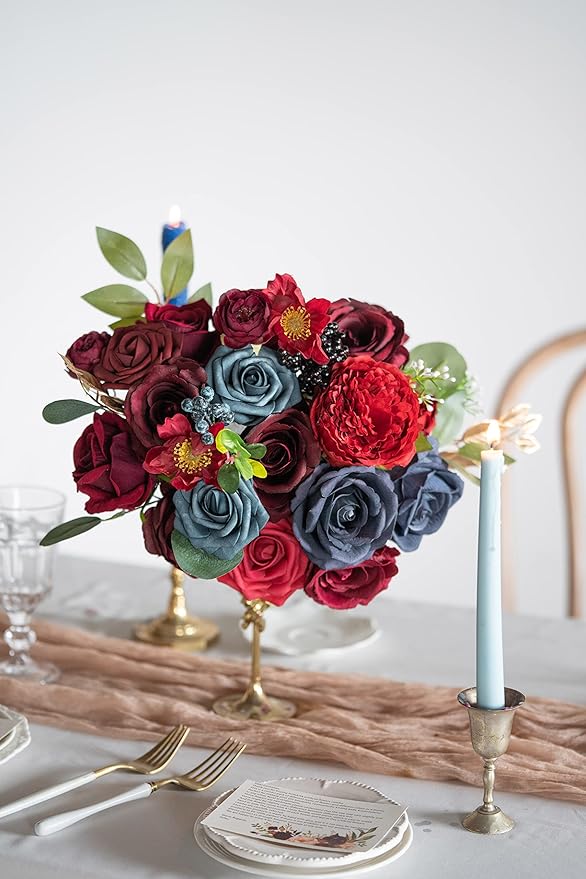 ponatia Artificial Flowers Wedding Flowers Combo for Silk Fake Flowers Roses for DIY Wedding Bouquets Burgundy Centerpieces Arrangements Party Bridal Baby Shower Home Decorations (Burgundy & Navy)