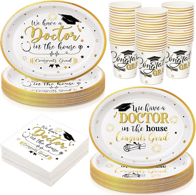 Vesici 150 Pcs Doctor Graduation Party Supplies We Have a Doctor in the House Tableware Set Paper Plate Cup Napkin 10" x 12" Large Heavy Duty Disposable Plate for Medical School Grads Celebration