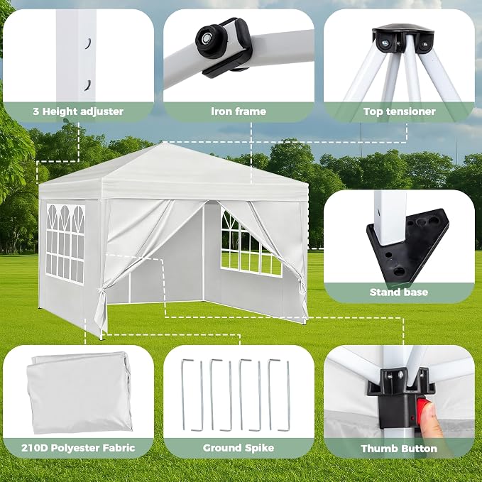 10X10FT White Pop Up Canopy Party Tent, Outdoor Commercial Instant Gazebo with 4 Removable Sidewalls for Events, Wedding, Backyard, Patio, Easy Set Up Sun Shade with Carrying Bag