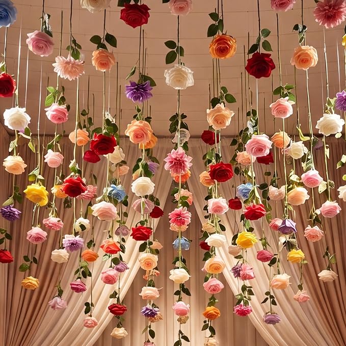Lyrow 120 Pack Artificial Flower Hanging Flowers Ornament Floating Garland Ceiling Strings for Wedding Anniversary Engagement Marriage Proposal Floral Birthday Party Decor (Rose,Colorful)
