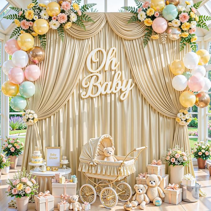 40x10ft Champagne Beige Glitter Backdrop Curtain for Parties, Wrinkle Free Satin Photo Backdrop Drapes 8 Panels Shimmer Back Drop Cloth for Wedding Birthday Baby Shower Photography Background Decor