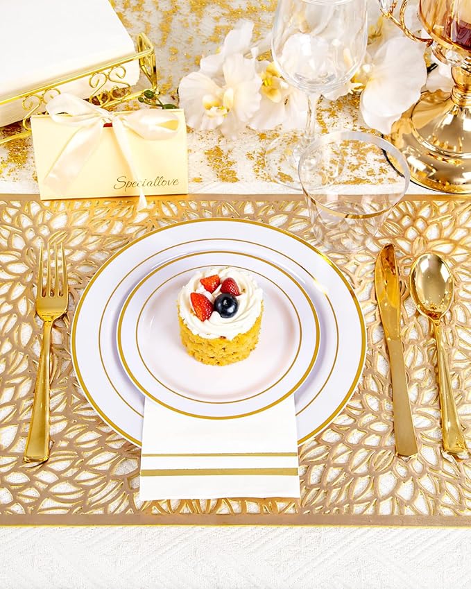 GATHER 350PCS Gold Plastic Plates - White and Gold Disposable Plastic Dinnerware Set Include 50 Dinner Plates, 50 Dessert Plate, 150 Silverware, 50 Napkins, 50 Cups for Party & Wedding