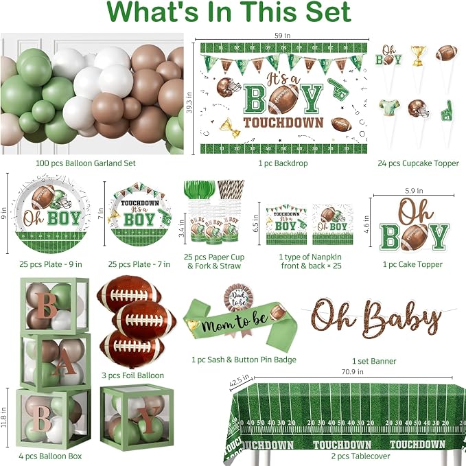 Cocomigo 287pcs Football Baby Shower Decorations for Sports Fans, All-in-one Green Football Baby Shower Set for 25 Guests, with Balloon Arch Thick Plates Tablecloths and Cupcake Toppers
