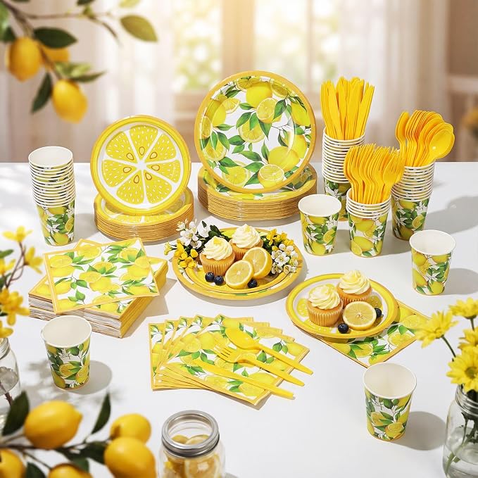 Pickmesh 400 Pcs Lemon Party Supplies Summer Fruit Disposable Plates Napkins Cups Spoons Forks Knives for Yellow Lemons Birthday Wedding Bridal Shower Baby Shower Table Decorations Serve 50