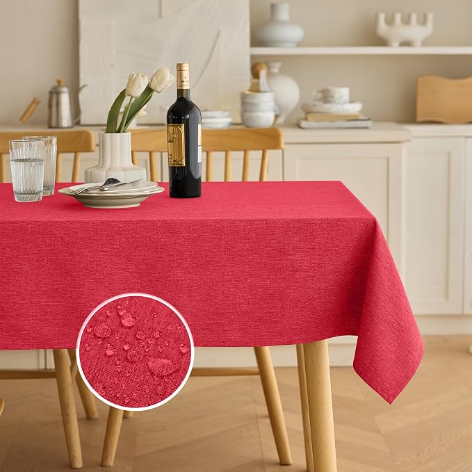 Decorelia Waterproof Faux Linen Rectangle Tablecloth, Spillproof Wrinkle Free Outdoor Reusable Table Cloth for Patio,Holiday,Banquet,Party,Buffet Dinner (Oblong,60 x 120 Inch (10-12 Seats),Red)