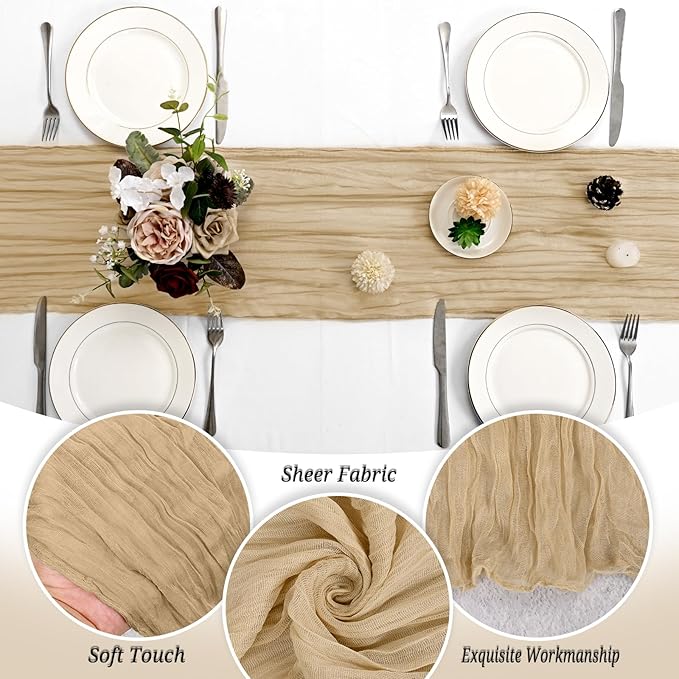 12 Pack Beige Cheesecloth Table Runner 120 inch Fall Thanksgiving Boho Rustic Gauze Farmhouse 10FT Cheese Cloth Runner for Baby Shower Wedding Party Holiday Home Decor