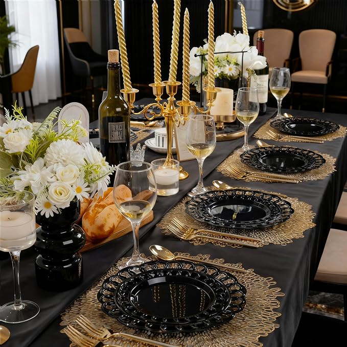 COLOSUS 60pcs Black Plastic Plates Set,Fancy Baroque Plates,Elegant Lace Rim Disposable Plates,Plastic Plate for Party include 30 Dinner plates and 30 Dessert plates for New Year,Party,Wedding