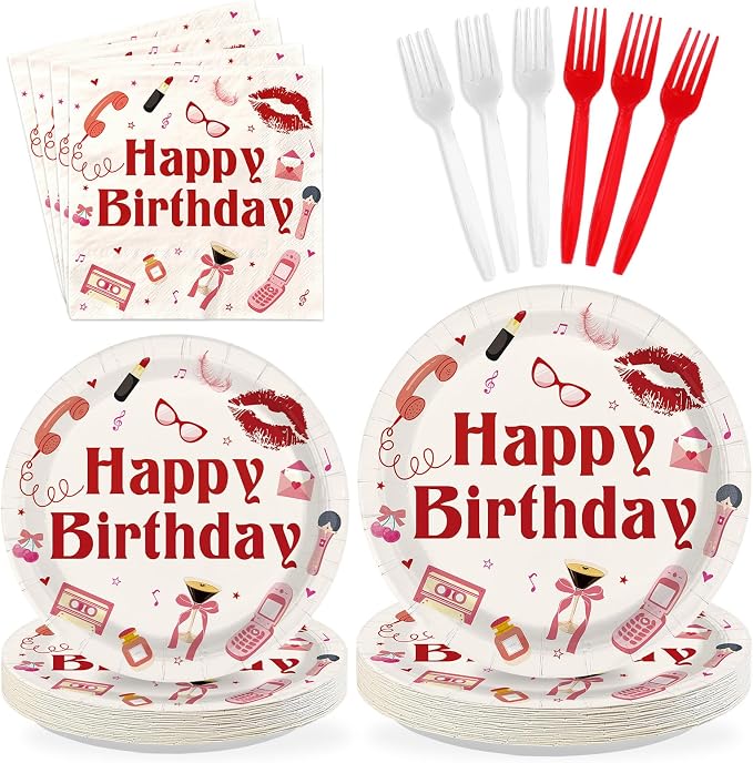 96Pcs Music Singer Happy Birthday Decorations Red lip Pink Bow Y2k Plates and Napkins Disposable Red Music Lovers Paper Tableware for Girls Women Singer Fans Birthday Bday Party Supplies Serves 24
