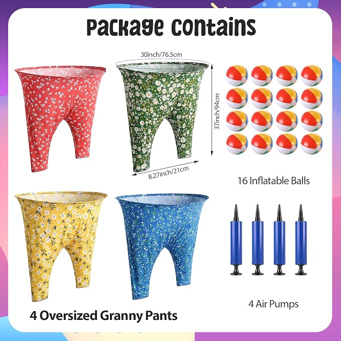 4 Pack Granny Pants Yard Game Set Giant Pants Game with 16 Bouncy Balls and 4 Pumps Floral Pattern Funny Outdoor Games for Adults Family Reunion Backyard Party Team Building Field Day Lawn Camping