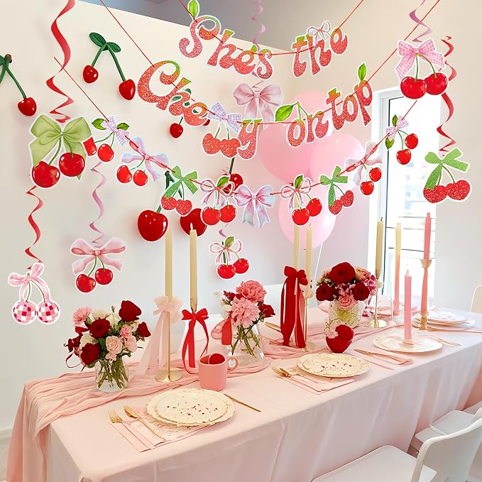 SUNBEAUTY Cherry Party Decorations Cherry On Top Baby Shower Decorations Cherry and Bow Hanging Banner for Birthday Bachelorette Bridal Shower Wedding Party Supplies