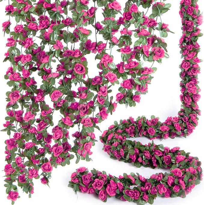 PONKING 8 Pcs x 8.2 ft Flower Garland Artificial Rose Vine Flowers with Green Leaves Hanging Fake Roses Vine for Room Party Home Wedding Birthday Christmas Wall Arch Decor, Spring Magenta Flower