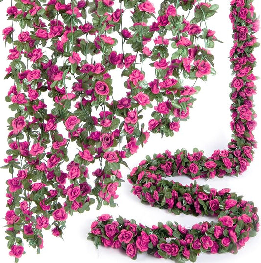 PONKING 8 Pcs x 8.2 ft Flower Garland Artificial Rose Vine Flowers with Green Leaves Hanging Fake Roses Vine for Room Party Home Wedding Birthday Christmas Wall Arch Decor, Spring Magenta Flower