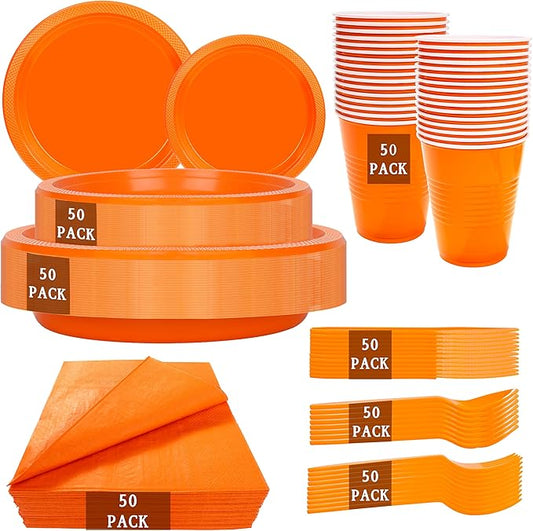 MirthMood 350PCS Orange Plastic Plates,Orange Disposable Plates Set– Plastic Plates Set Includes 50 Dinner,50 Dessert Plate,50 Cup&50 Napkins, 50 Silverware for Wedding & Birthday Parties