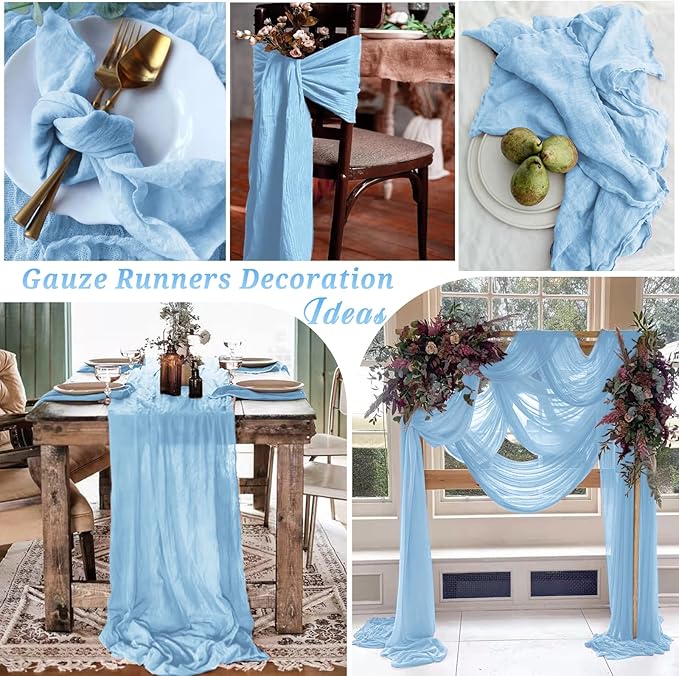 10 Pcs Baby Blue Cheesecloth Table Runner 10FT, Gauze Table Runner for Wedding Reception Sheer Bridal Shower Birthday Party Boho Table Decoration, Rustic Romantic Wedding Runner