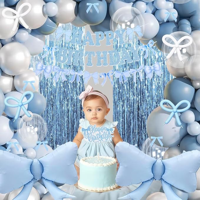 Dusty Blue Bow Birthday Decorations, Coquette Bow Blue White and Clear Balloons with Happy Birthday Banner Fringe Curtain Cake Toppers for Women Girls Baby Shower Party Supplies