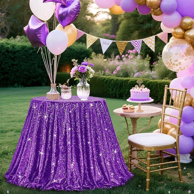 B-COOL Sequin Tablecloth Round Party Decorations: Purple Table Cloth Overlay 120 Inch Sparkle Fabric for Birthday Ceremony Parties Halloween