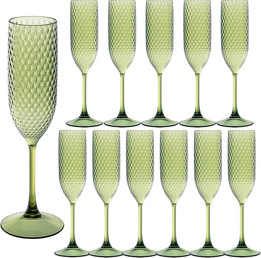 12 Pack Green Plastic Champagne Flutes Mimosa Unbreakable Champagne Glasses Wedding Toasting Glasses 5.5 OZ Reusable Diamond Glasses Wine Cups Vintage Drinking Glasses for Wedding,Christmas,Party