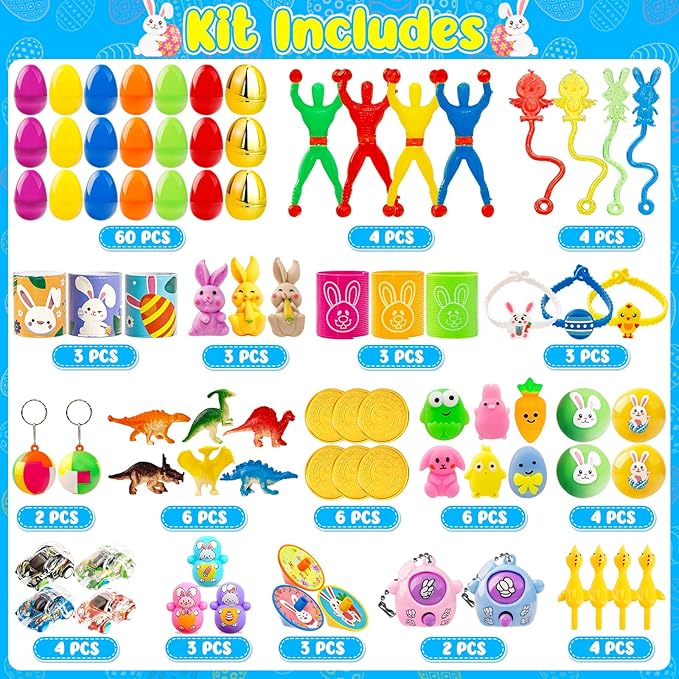 Adisher [ 6 Surprise Golden Eggs ] 60Pcs Prefilled Easter Egg with Assorted Toys, Plastic Easter Eggs Fillers for Kids, Basket Stuffers,Egg Hunt Party Favors Classroom Prizes Supplies for Boys Girls