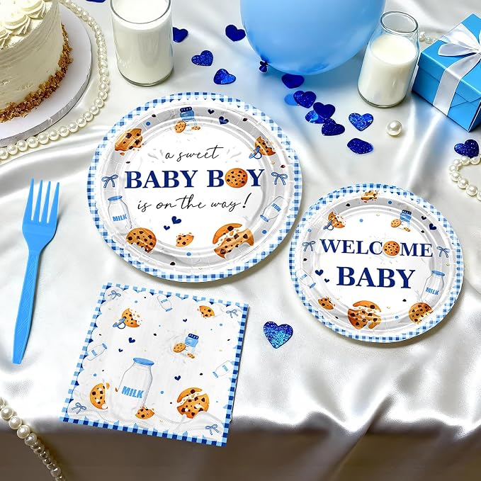 Milk and Cookies Baby Shower Decorations Kit:134 Pcs Welcome Baby Boy Plates Napkins Tablecloth Banner Hanging Swirls Cake Toppers Balloons Cookies Baby Shower Decorations for Boy