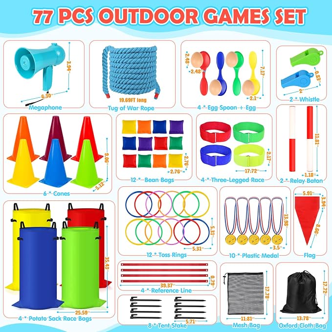 77 Pcs Potato Sack Race Bags, 8-in-1 Outdoor Carnival Games for Kids and Adults, Bean Bags Ring Toss, Tug of War Rope, Megaphone, Field Day Games for Lawn, Backyard, School, Birthday, Family, Beach