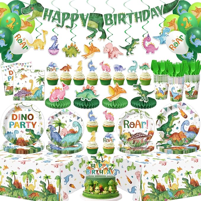 210 Pcs Dinosaur Birthday Party Decorations Serves 24 ，Dino Roar Party Supplies with Banner Hanging Plates Napkins Cups Forks Knives Tablecloth Topper Balloons for Boy Party