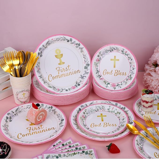 Kochorie 400 Pieces Pink First Communion Decorations, Disposable First Holy Communion Party Tableware Set with Plates Cups Napkins Cutlery Serves 50 for Baby Shower God Bless Baptism Party Supplies