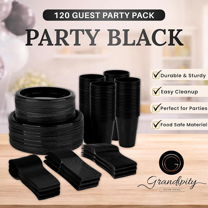 720-Piece Black Disposable Dinnerware Set - 120 Guest Plastic Dinnerware Set - 9" Dinner Plates, 7" Dessert Plates, 12oz Cups, Forks, Knives & Spoons