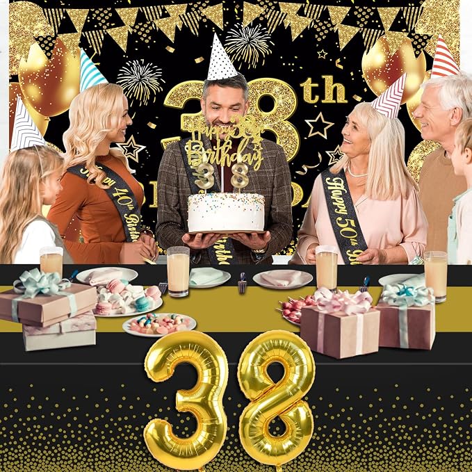 38th Birthday Decorations Men Women with 38th Birthday Banner, Black and Gold Table Cloth, Number Balloons, Large Sash, Cake Topper and Candles