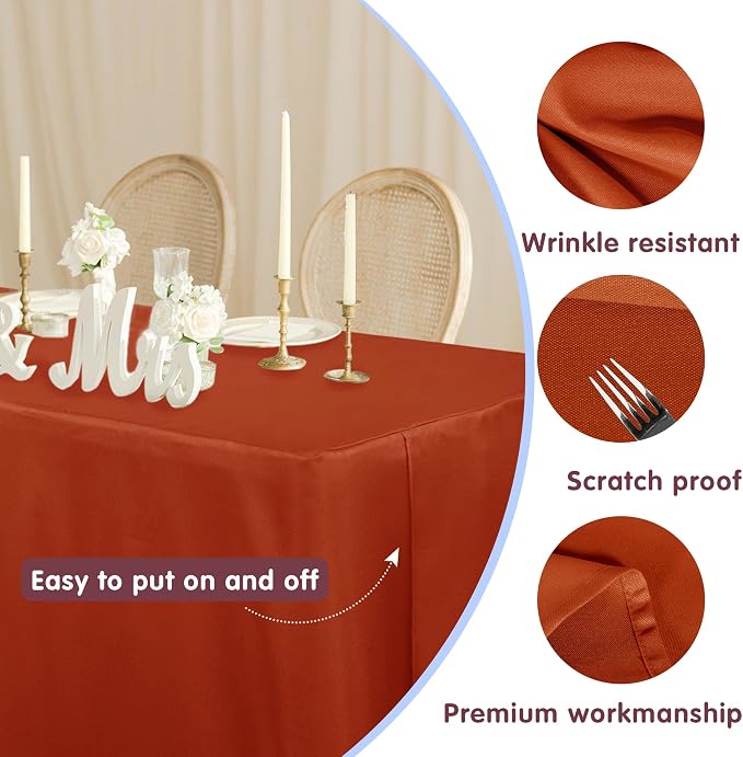 HolidayIdeas 2 Pack Fitted Thanksgiving Tablecloth for 6ft Tables, Rust Table Cover for Holiday Dinner & Buffet, Wrinkle-Resistant Fall Party Decorations for The Home