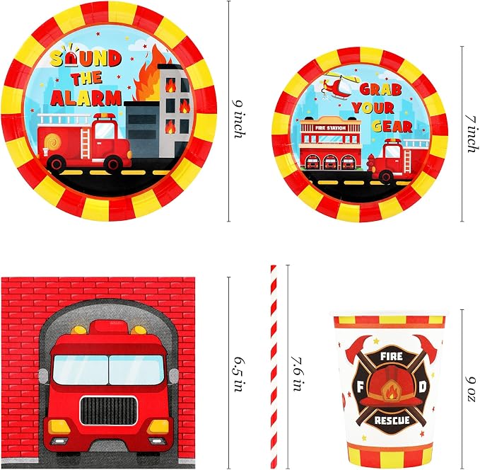 Recheel Firetruck Birthday Party Supplies Decorations, Fire Truck Theme Paper Plates and Napkins Set for 24 Guests, 120 Pcs Disposable Firefighter Party Dessert Dinnerwares