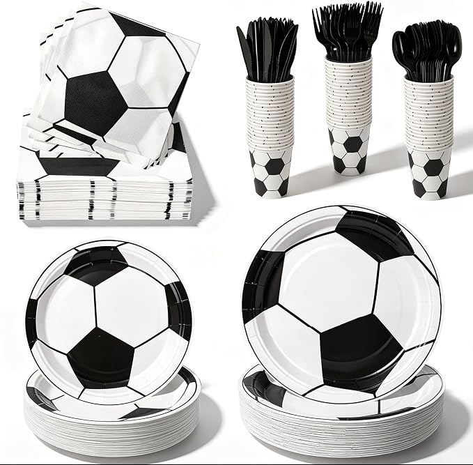 400 Pcs Disposable Soccer Party Tableware Set for 50 Guests | Heavy-Duty 7" & 9" Paper Plates, Cups, 13" Napkins & Plastic Cutlery for Game Day and Birthday Party Supplies