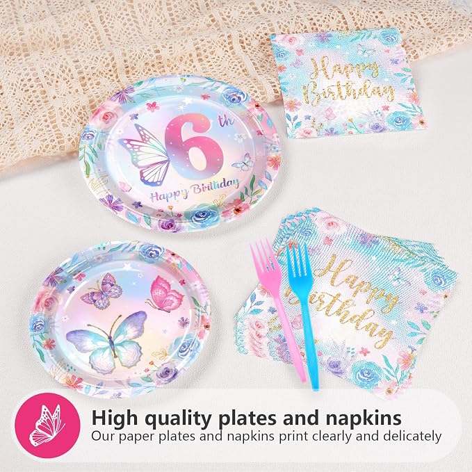 Greencian 96Pcs Butterfly 6th Birthday Party Decorations Butterflies Theme Disposable Sets for Girl Colorful Butterfly Plates, Napkins and Forks, 8 Years Old Birthday Party Supplies Serves 24