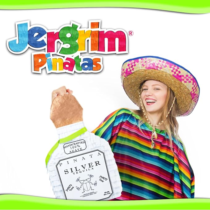 Jergrim White Tequila Bottle Piñata 4-piece set, 16x11x3 inches, Perfect for Party Decorations, Photo Prop, Cinco de Mayp, Birthday, Funny Anniversary, 21 birthday - Fits candy/favors