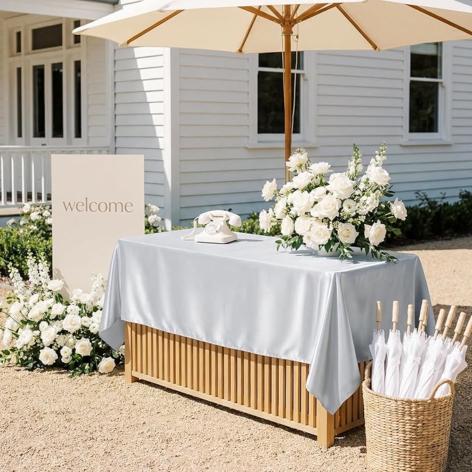 4 Pack Silver Satin Tablecloth 58 x 102 Inches, Rectangular Satin Table Cloths for Wedding Reception, Birthday Party, Graduation & Holiday Banquet Tables