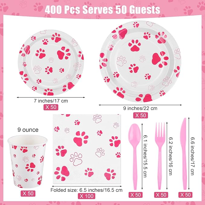 Kochorie 400 Pieces Pink Paw Disposable Party Tableware Sets Dog Puppy Supplies Including Plates Cups Napkins Cutlery Serves 50 for Birthday Puppy Theme Party Decorations