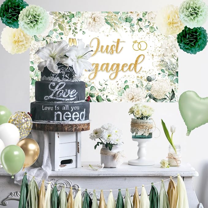 Sage Green Engagement Party Decorations for Couple Just Engaged Decorations, Happy Engagement Banner, Backdrop, Tissue Paper Pom Poms, Balloons, Tassel Garland for Wedding Bachelorette Party Decorations