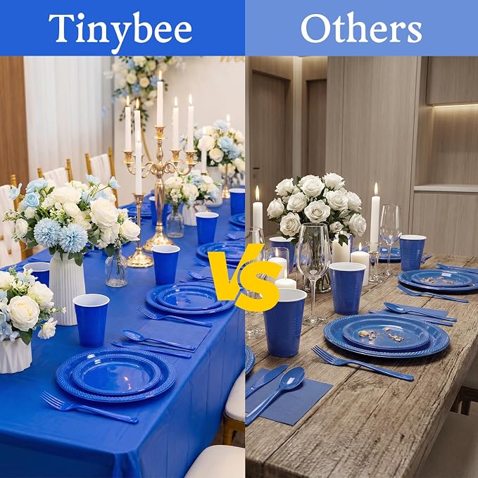 352 Pcs Blue Plastic Plates Party Set, 50 Guests Disposable Dinnerware Set with Deep Blue Tablecloths, Classic Blue Plastic Plates Party Set for Wedding/Anniversary/Nautical Party/Men's Event