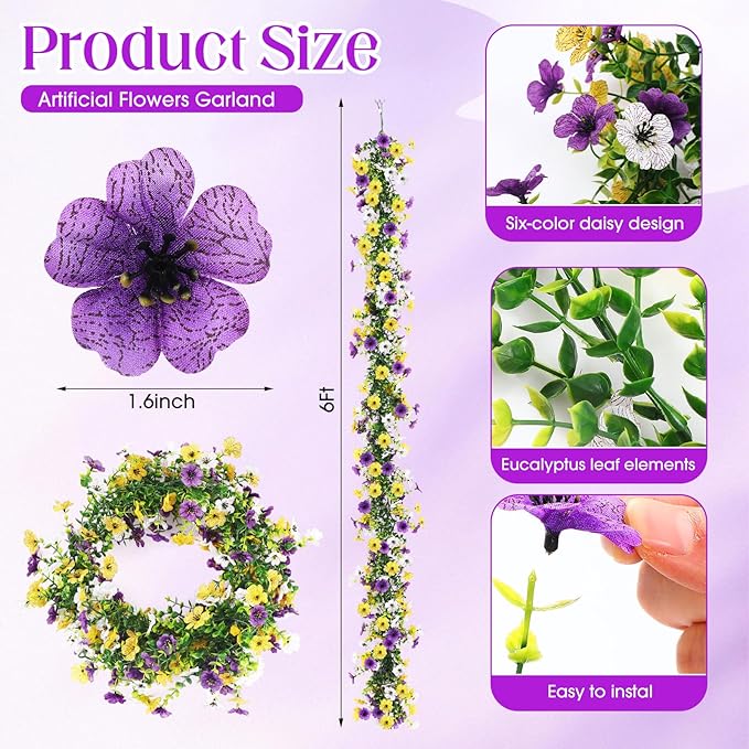 8 Pcs 6 ft Artificial Flowers Wisteria Garland-Total 48 ft Fake Hanging Wisteria Flowers Green Vines Garlands, Faux Flower Daisy with Eucalyptus Leaves for Garden Decor (Mixed 3 Colors)
