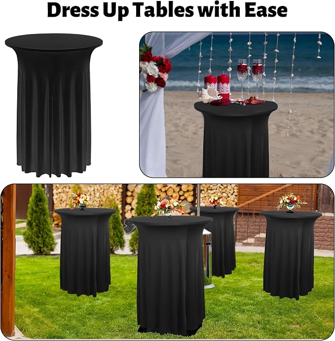 Kochorie 4 Pieces Cocktail Table Skirt Round Cocktail Table Covers 32 x 43 Inch Spandex Stretch High Top Table Cloth for Wedding Table Bar Banquet Party Supplies (Black)