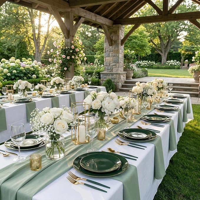 DaYammi 150Pcs Green Plastic Plates with Gold Rim,Gold and Green Disposable Plates with Cutlery Included 30 Dinner Plate,30 Dessert Plate,30 Knives,30 Forks,30 Spoon, green plates for Party Dinner