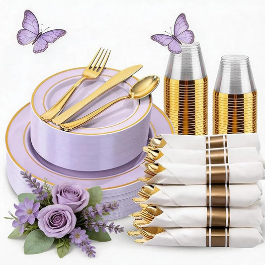 WDF Partyware 175PCS Purple Plates Disposable - Lavender Plastic Plates 25Guests Plastic Dinnerware with Rolled Napkins for Birthday/Spring/Baby Shower/Mother's Day