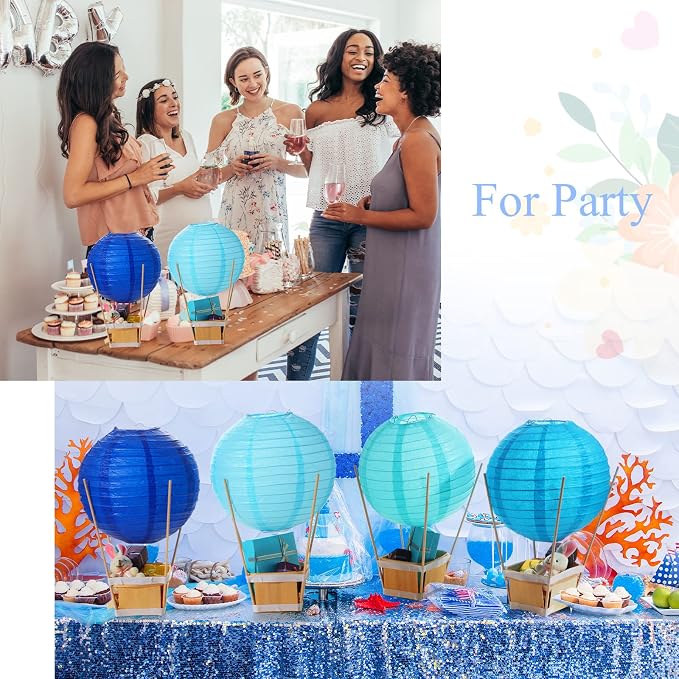 Namalu 24 Set Hot Air Balloon Table Centerpieces Baby Shower Party Decoration Paper Lanterns with Wooden Basket Sticks for Summer Birthday School DIY Craft(Blue Series)
