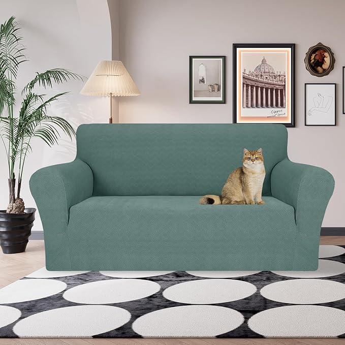 JIVINER Stretch Loveseat Slipcovers 1 Piece Love Seat Sofa Cover Spandex 2 Seater Couch Covers Universal Furniture Protector with Elastic Bottom (Pea Green, Loveseat)