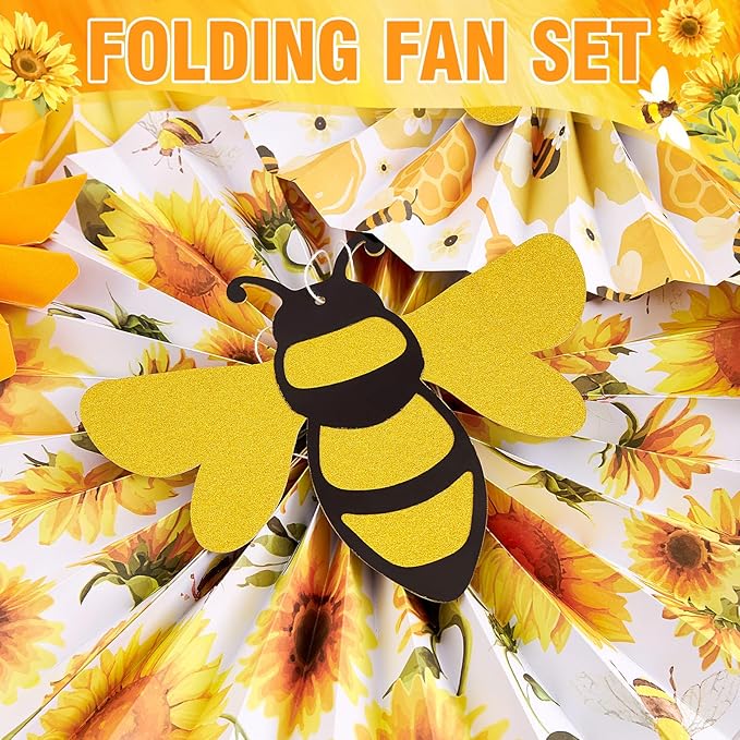 PAPER JAZZ Sunflower Paper Fan,Sunflower Party Decoration Hanging for Wall Sun Flower Paper Garlard with Bumble Bee Baby Shower for Yellow Birthday Party Bulletin Board Classroom