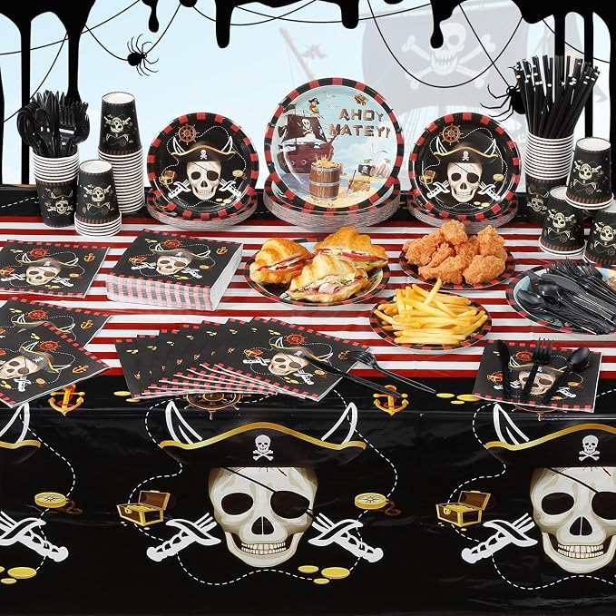 Potchen 452 Pcs Party Supplies Serve 50 Guests, Paper Plates Napkins Cups Cutlery Plastic Tablecloth Dinnerware for Birthday Wedding Party Decoration(Red Black, Pirate)