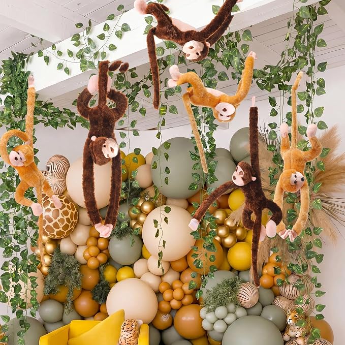 6 Pcs Hanging Monkey Stuffed Animal Jungle Classroom Party Decoration with 12 Pcs 7.22ft Artificial Vine Plush Hook and Loop Fastener for Kids Rainforest Safari Birthday VBS(Dark Brown, Yellow,21 in)