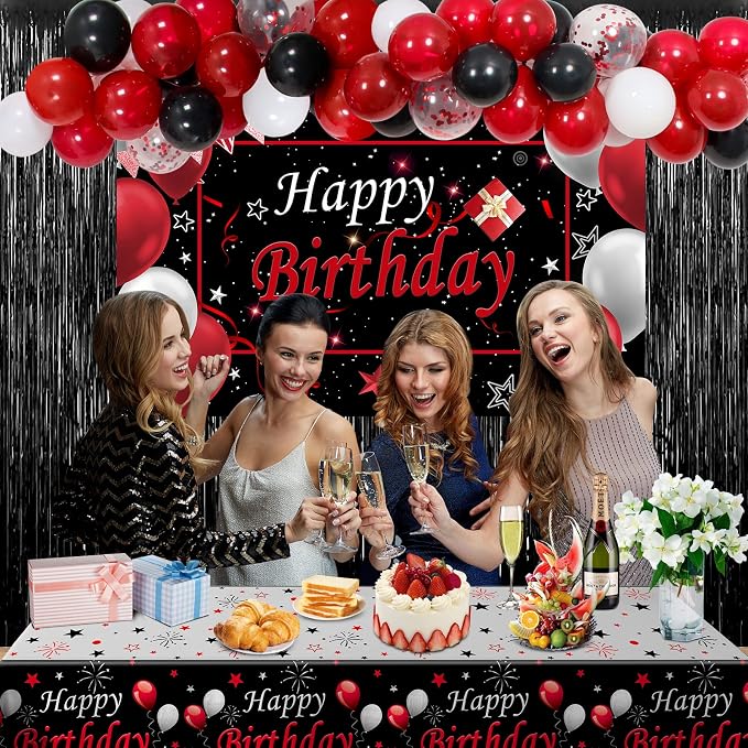 Red and Black Birthday Decorations for Men Women, Happy Birthday Decorations fo Boys Girls Party Decoration Backdrop & Tablecloth Balloons Arch Kit Confetti Balloons Foil Fringe Curtains Table Cover