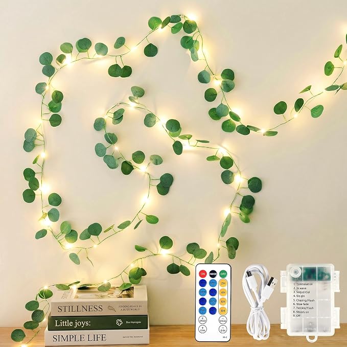 HEYFUNi 13FT Eucalyptus Garland with Lights & Remote， USB & Battery | 40 Warm White LEDs, Fake Eucalyptus Vine with Fairy Lights, Timer, 8 Modes, Dimmable For Bedroom Wall, Dorm, Wedding Decor