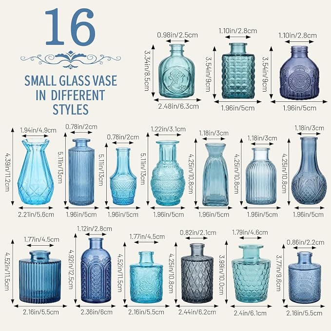 32 PCS Assorted Vintage Bud Vases, Colorful Glass Small Vases Bulk, for Centerpicecs, Wedding Table Decor, Home Decorations & Gifts (Blue Seiris)
