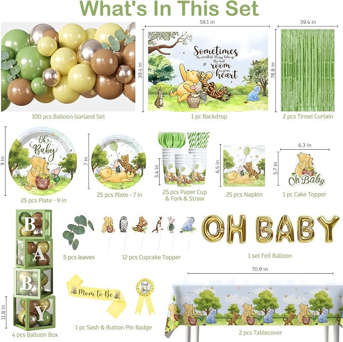 280pcs Classic Bear Baby Shower Decorations Complete Party Set, for 25 Guests, Vintage Bear Baby Shower Decorations, includes Balloon Arch, Backdrop, Tableware Set, for Pooh Bear Party